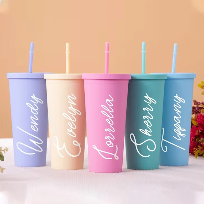 Personalized Bridesmaid Frosted Sippy Cups Wall with Names and Reusable Bridal Wedding Gifts and Unique Designs Water Sippy Cups