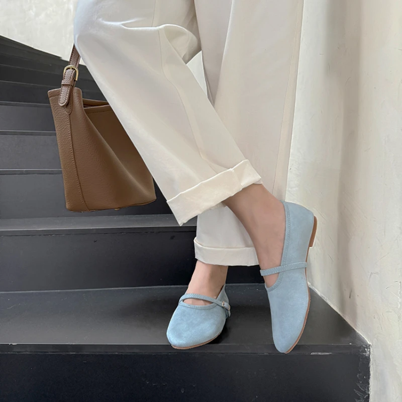 2024 Autumn/Winter One Button Flats Ballet Single Shoes for Women French Flat Mary Jane Shoes Trendy Blue  Casual Designer Shoes image 4