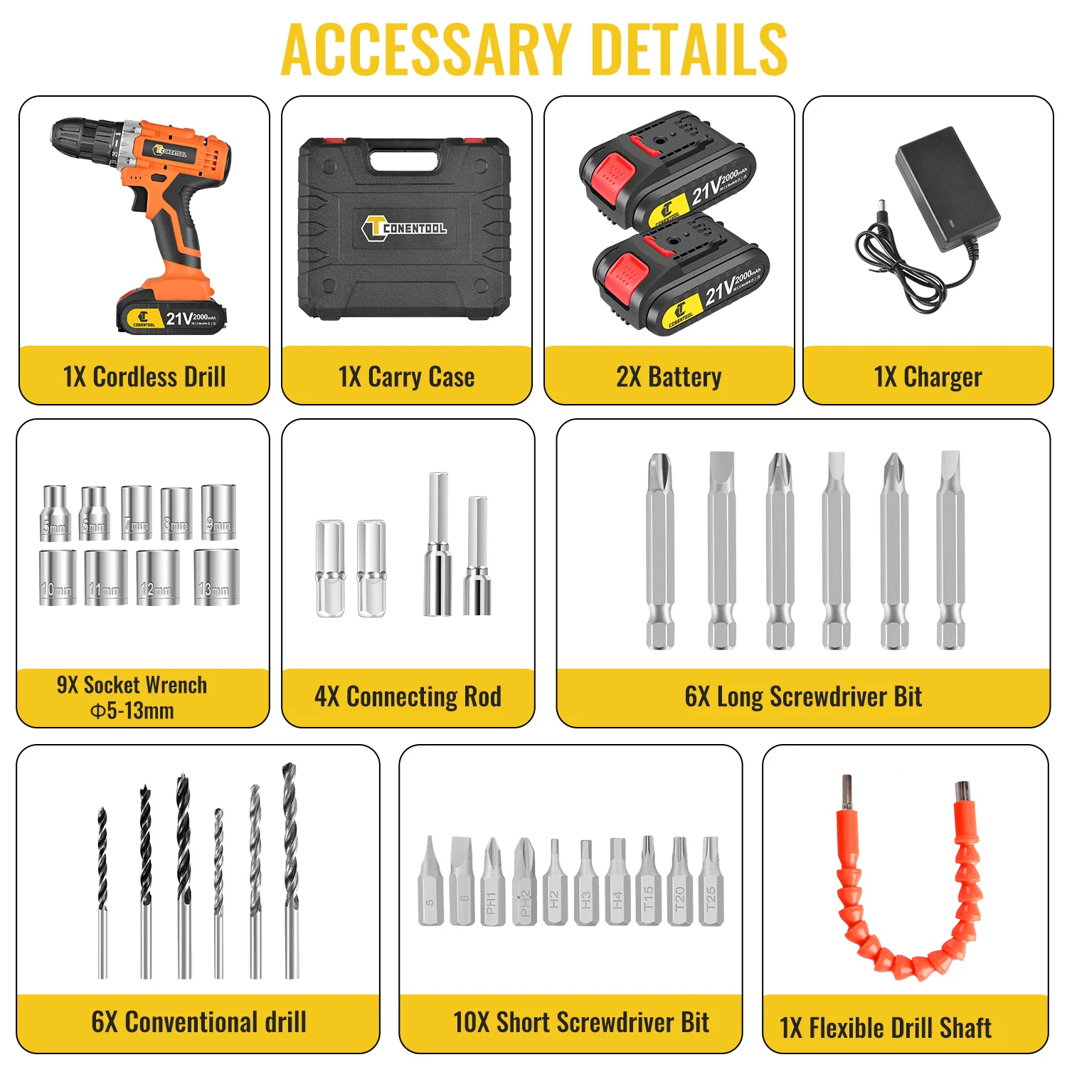 CONENTOOL Cordless Drill Driver 21V, Cordless Hammer Drill with 2 Batteries 2000mAh, 45N.m Combi Drill Screwdriver, LED Light