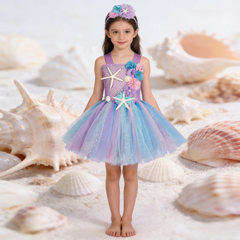 

Костюм принцессы-русалки для девочек, в комплекте с повязкой на голову, элегантная детская одежда, милая детская одежда, идеально подходит для дня рождения