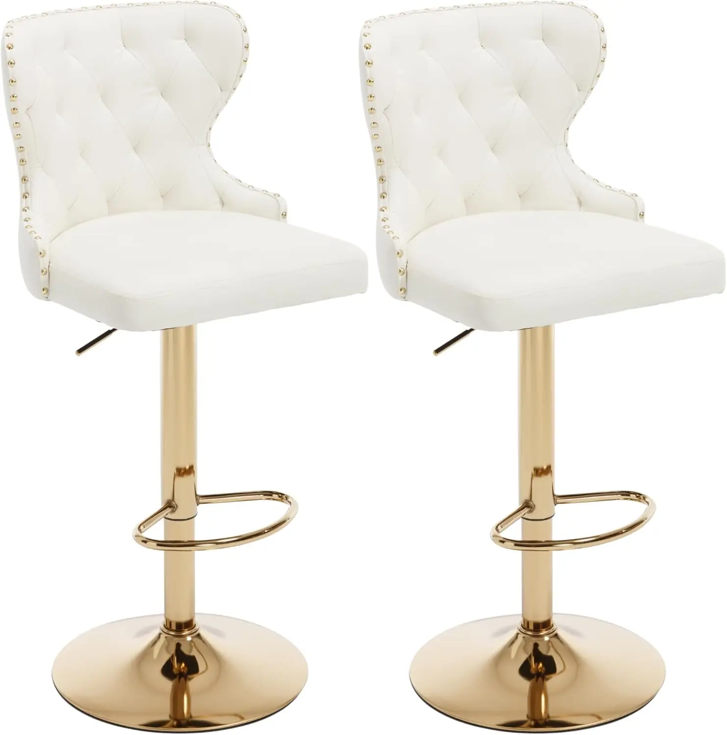 

Set Of 2 Adjustable Swivel Counter Height Bar Stools White Faux Leather Upholstered High Back Nailhead Trim Gold Metal Legs Foot
