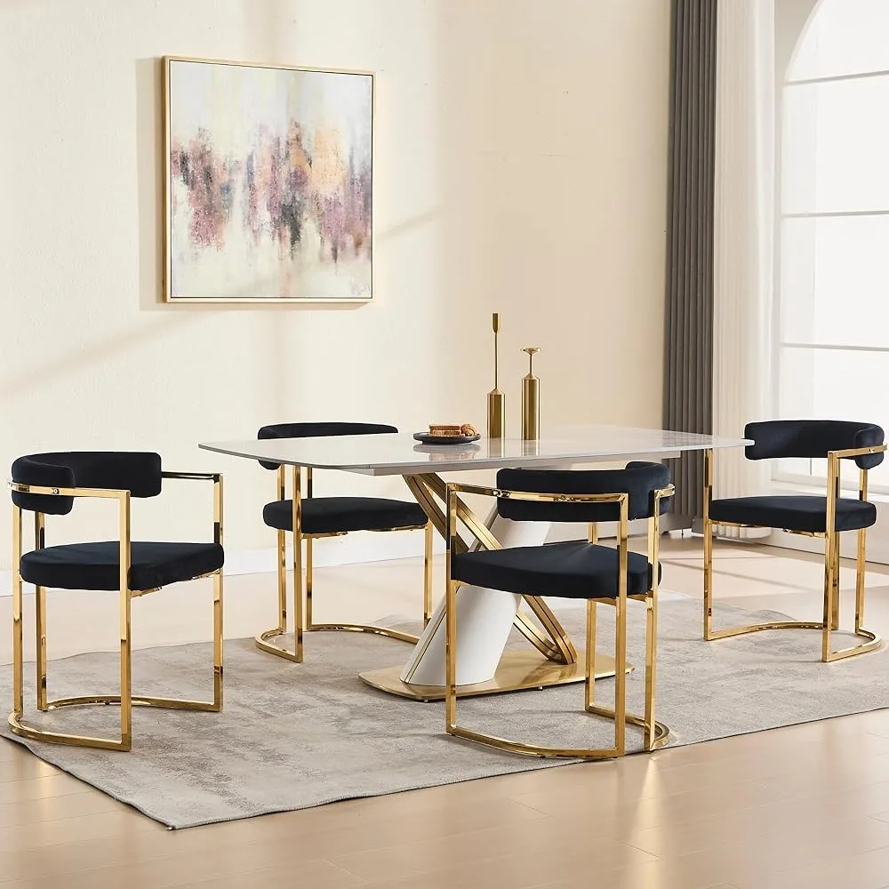 

Dining Chair Set of 4 or 6, Modern Upholstered Belvet Dining Room Chairs with Armrests Gold Metal Legs, Accent Kitchen Chair
