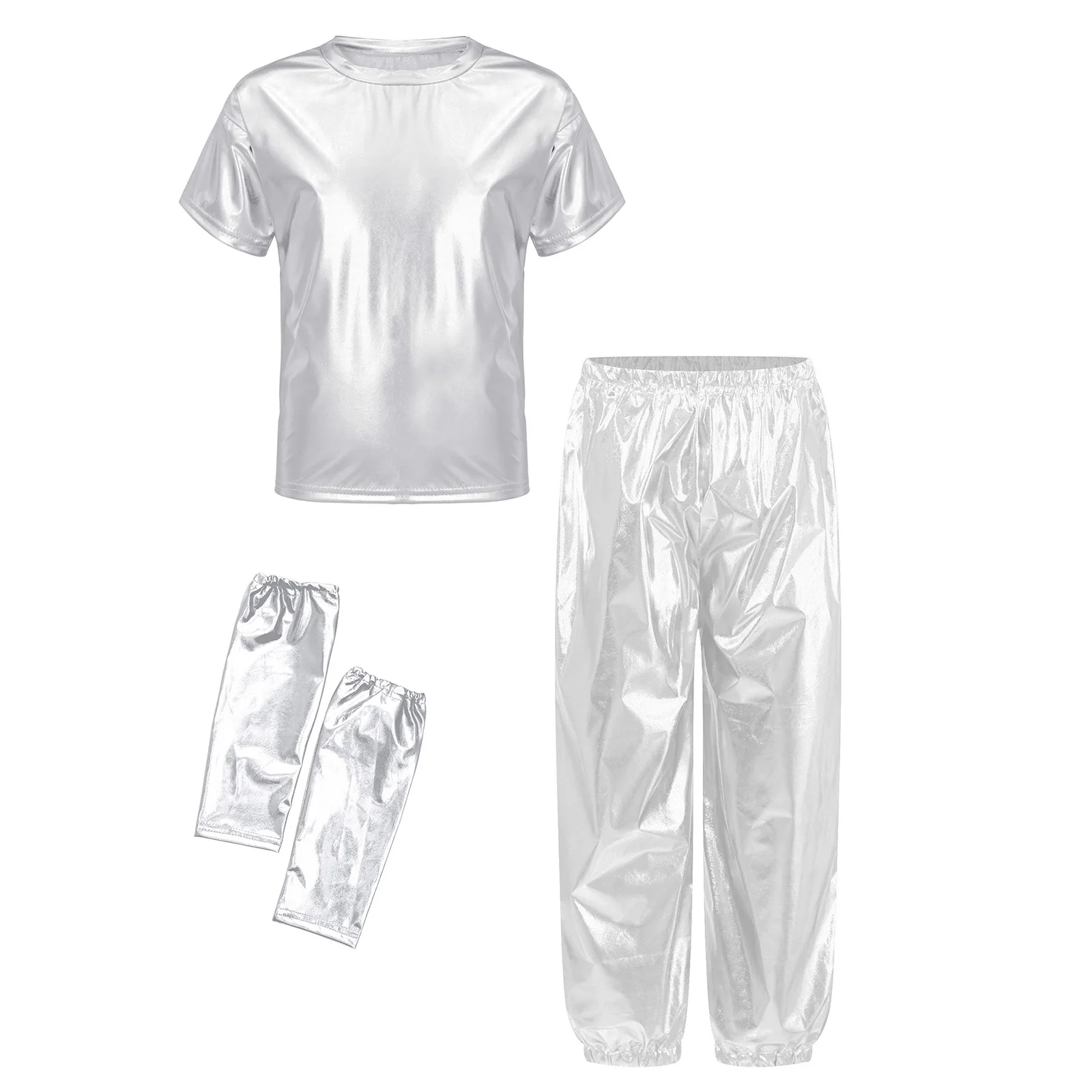 

Unisex Kids Hip-hop Jazz Dance Costume Short Sleeve Metallic Shiny T-shirt Pants Gloves for Jazz Dance Party Performance Outfit