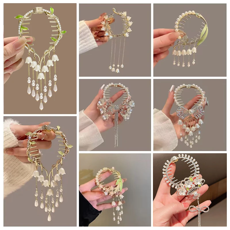 Elegant Lily Of The Valley Flower Pearl Rhinestone Tassel Ponytail Buckle Hair Bun Clips Hair Pins Women Girls Hair Accessories