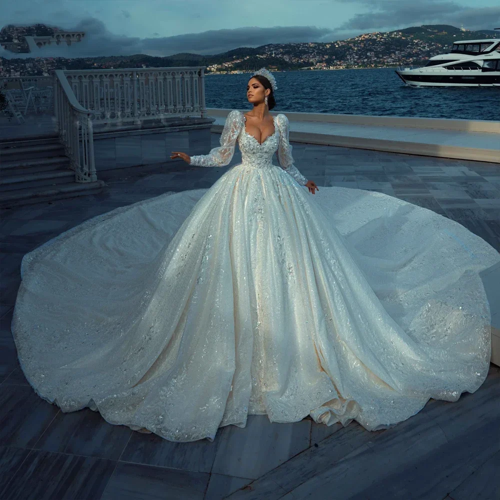 

Изысканное свадебное платье с пышными рукавами, расшитое жемчугом и блестящей вышивкой, кружевное платье для невесты, Vestido De Novia