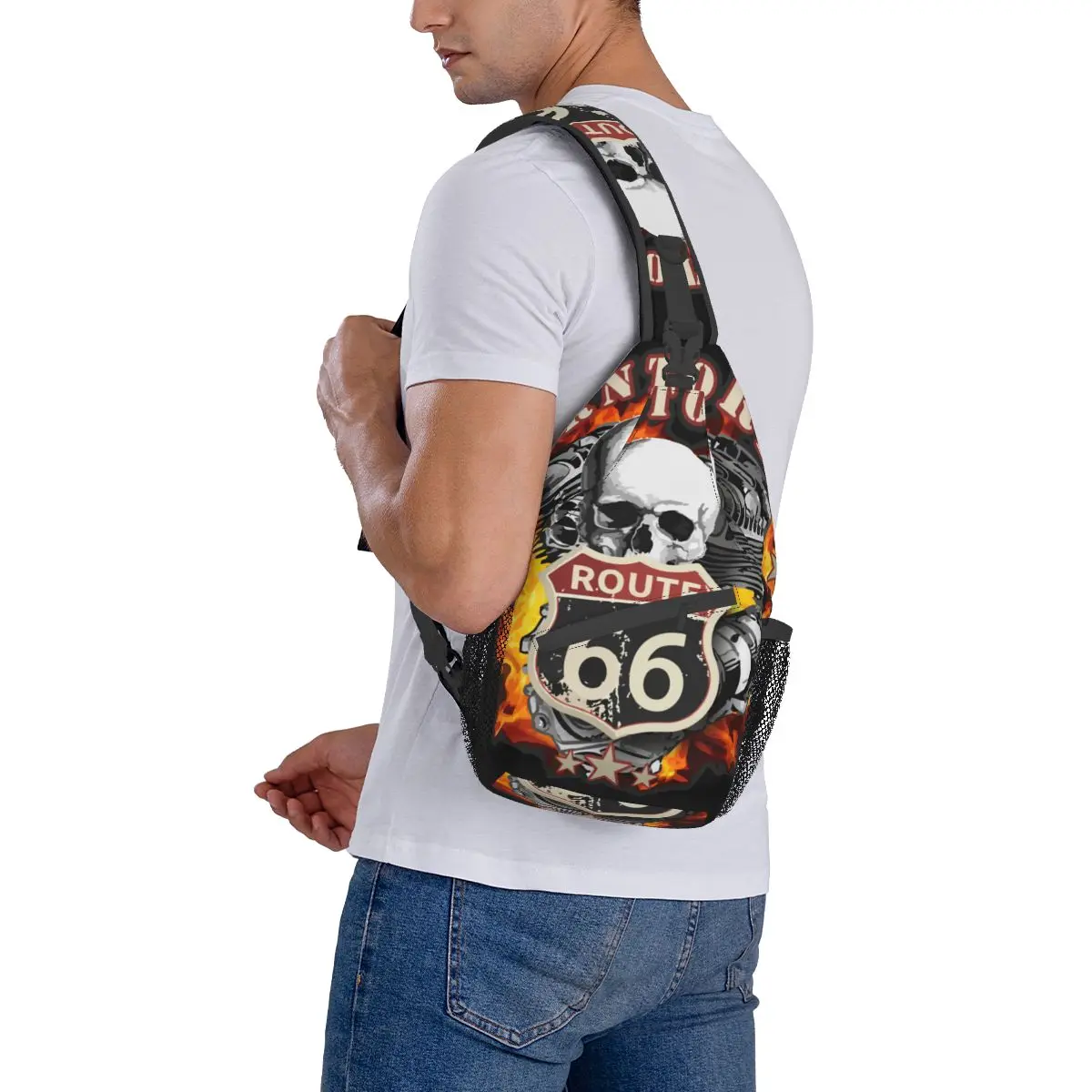 Retro Route 66 Motorcycle Skull Riders Small Sling Bag Chest Crossbody Shoulder Backpack Outdoor Sports Daypacks Cool Bags