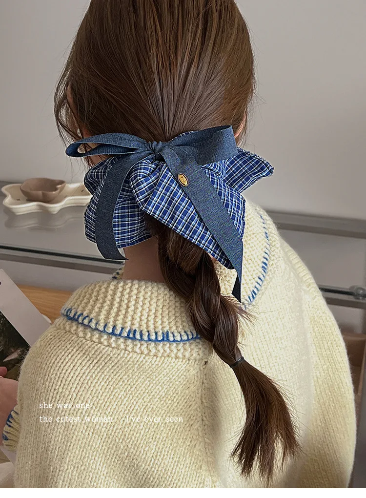 Bow Denim Blue Plaid Square Towel Large Intestine Hair Band Femininity Square Hair Accessories Headrope Rubber Band