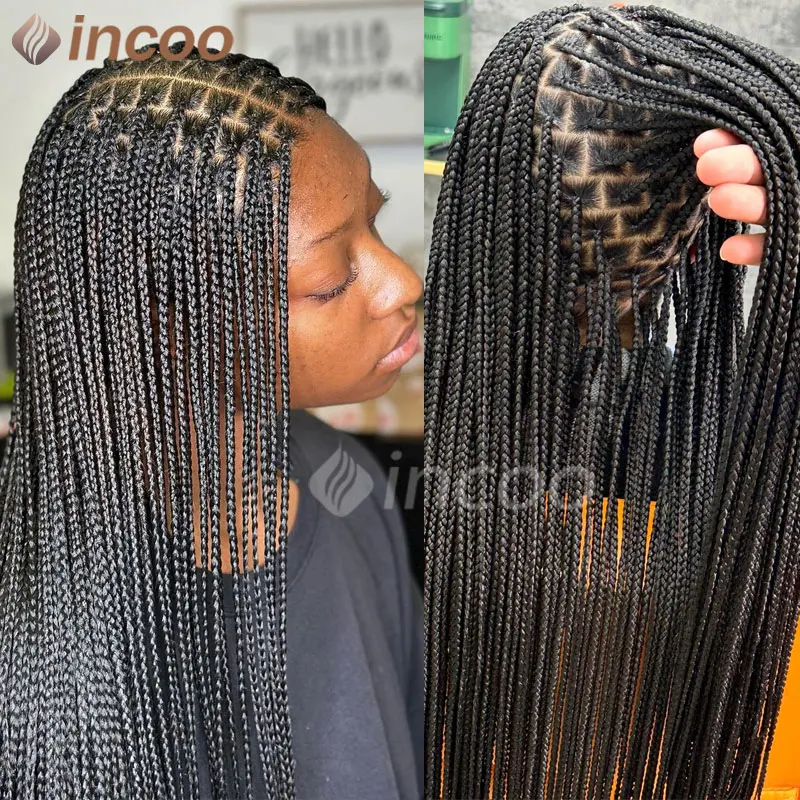 Pelucas trenzadas de encaje completo de 36 ", caja sintética, pelucas frontales de encaje sin nudos, pelucas de cabello Cuadrado Negro, caja pequeña, pelucas africanas