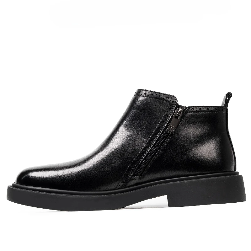 

British Side Zipper Fashion Shoes for Men's Genuine Leather Chelsea Casual Shoes Sheepskin and Short Plush Linin High-top Shoes