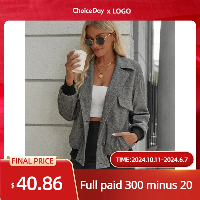 

Solid Women Plush Casual Jacket Autumn and Winter Double-breaste Pocket Long Sleeve Female Vacation Outerwear Commuting Clothes