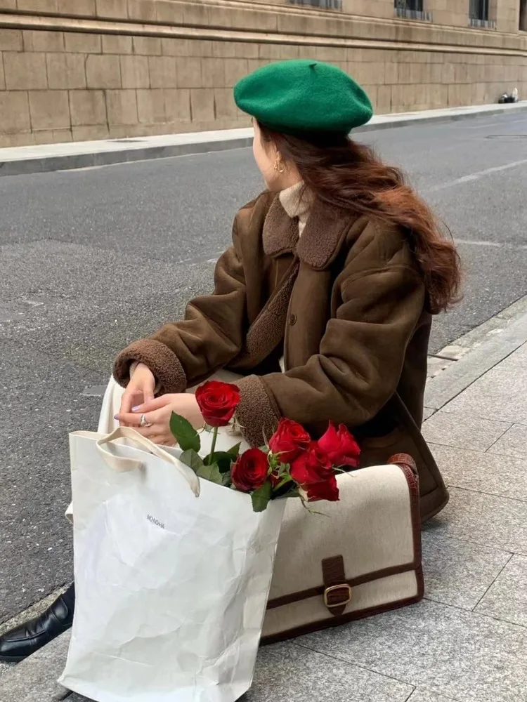 동대문 양면 착용 양털 자켓 칼라 더블 키티 따뜻한 인조 사슴 가죽 벨벳 탑 여성용 아우터웨어