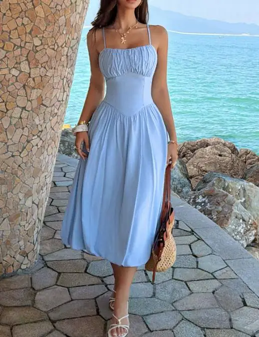 

Women's Dress 2026 Spring/summer New Solid Color Simple Elegant Sexy Square Neck High Waist A-Line Strap Bareback Beach Dress