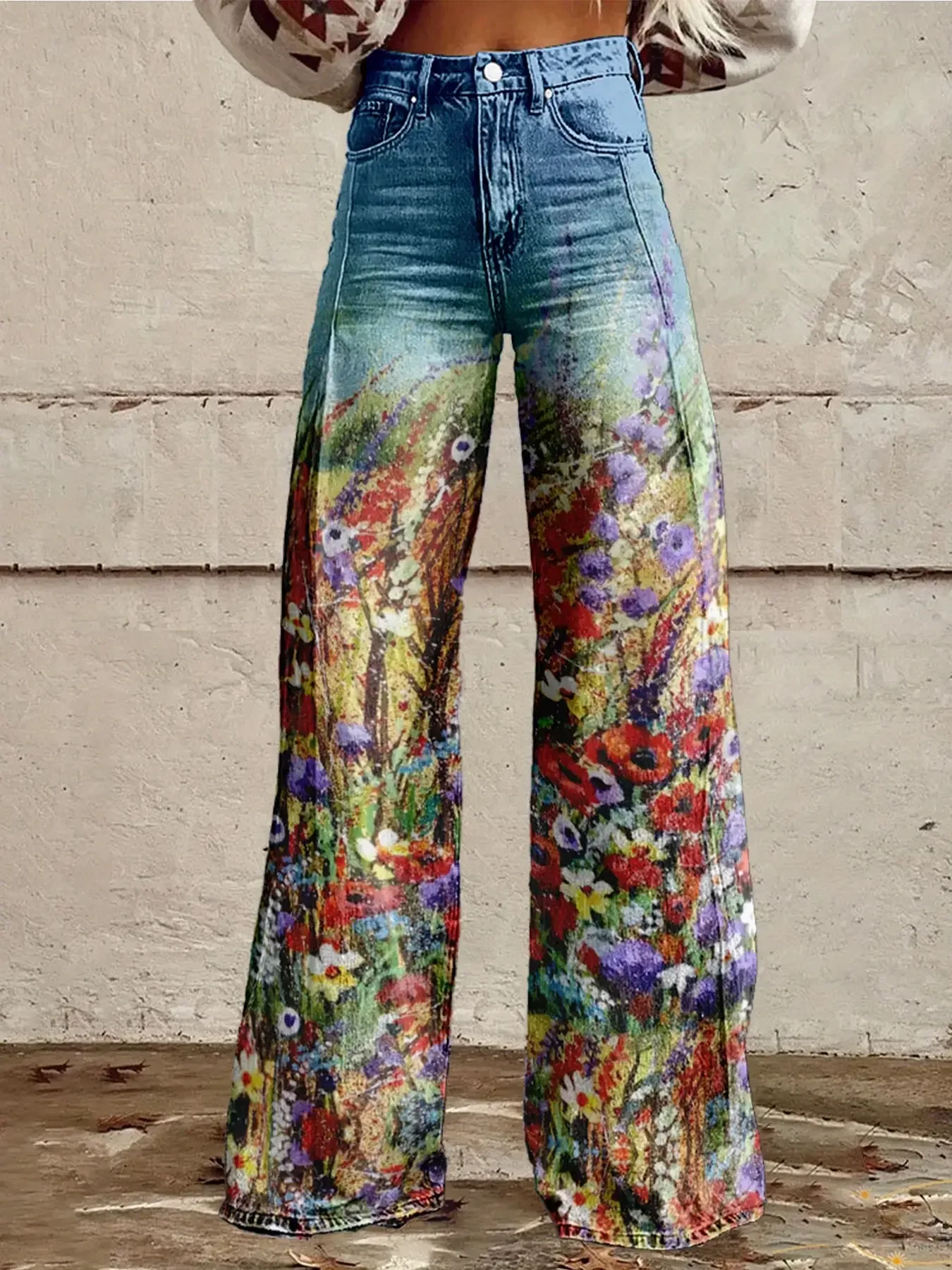 Women's imitation jeans printed with various high waisted flared pants, retro fashion, high and slim, versatile women's jean