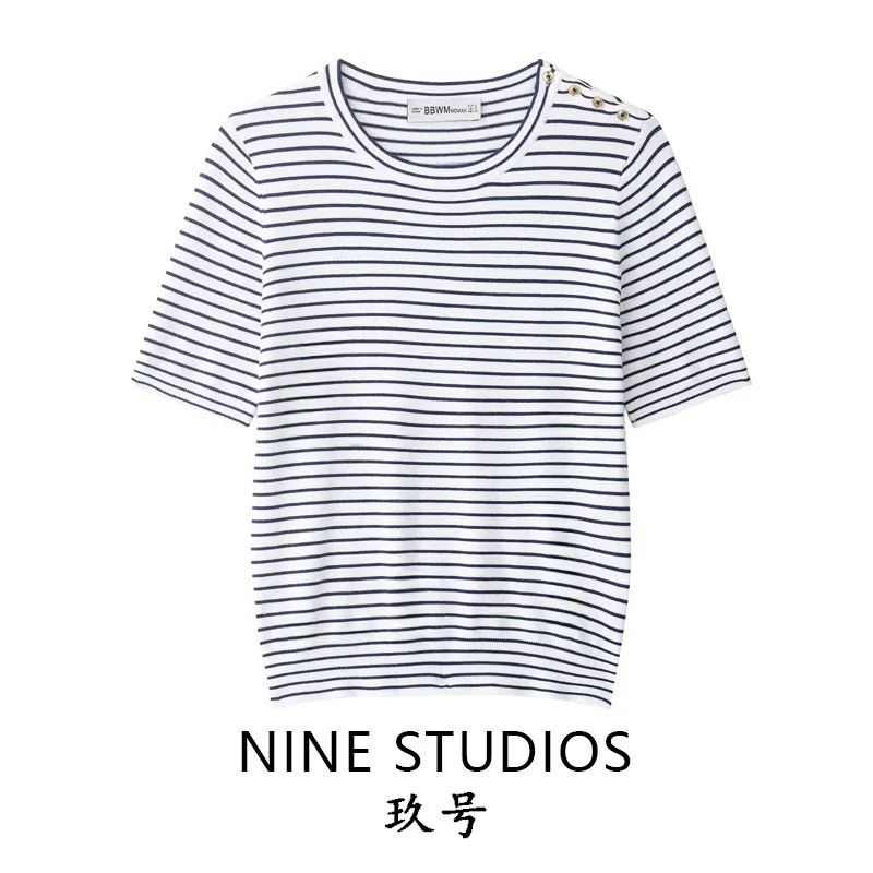 

NINE ZAR Women's Casual round Neck Short Sleeve Knitted Top Striped Fashion European Style Slim Fit Spring Season Regular Length