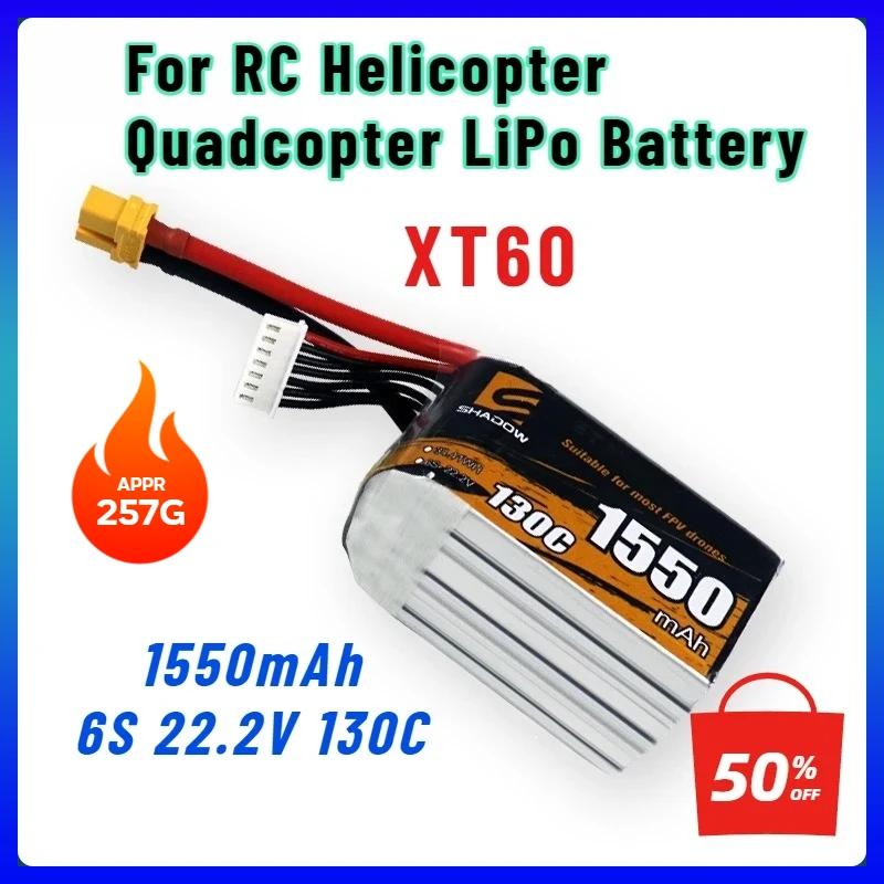

1550mAh 6S 22.2V 130C LiPo Battery with XT60 Plug for FPV Racing Drone Quadcopter RC Helicopter Parts Power Pack for 3D Flying