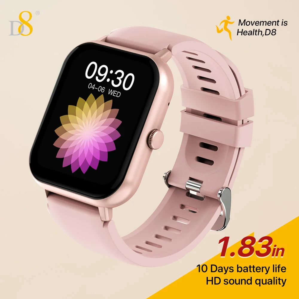 ساعة ذكية D8 بشاشة لمس 1.83 بوصة مقاومة للماء 100+ رياضية/إطارات/تشغيل الموسيقى/هدية للنساء/هدية عيد الحب