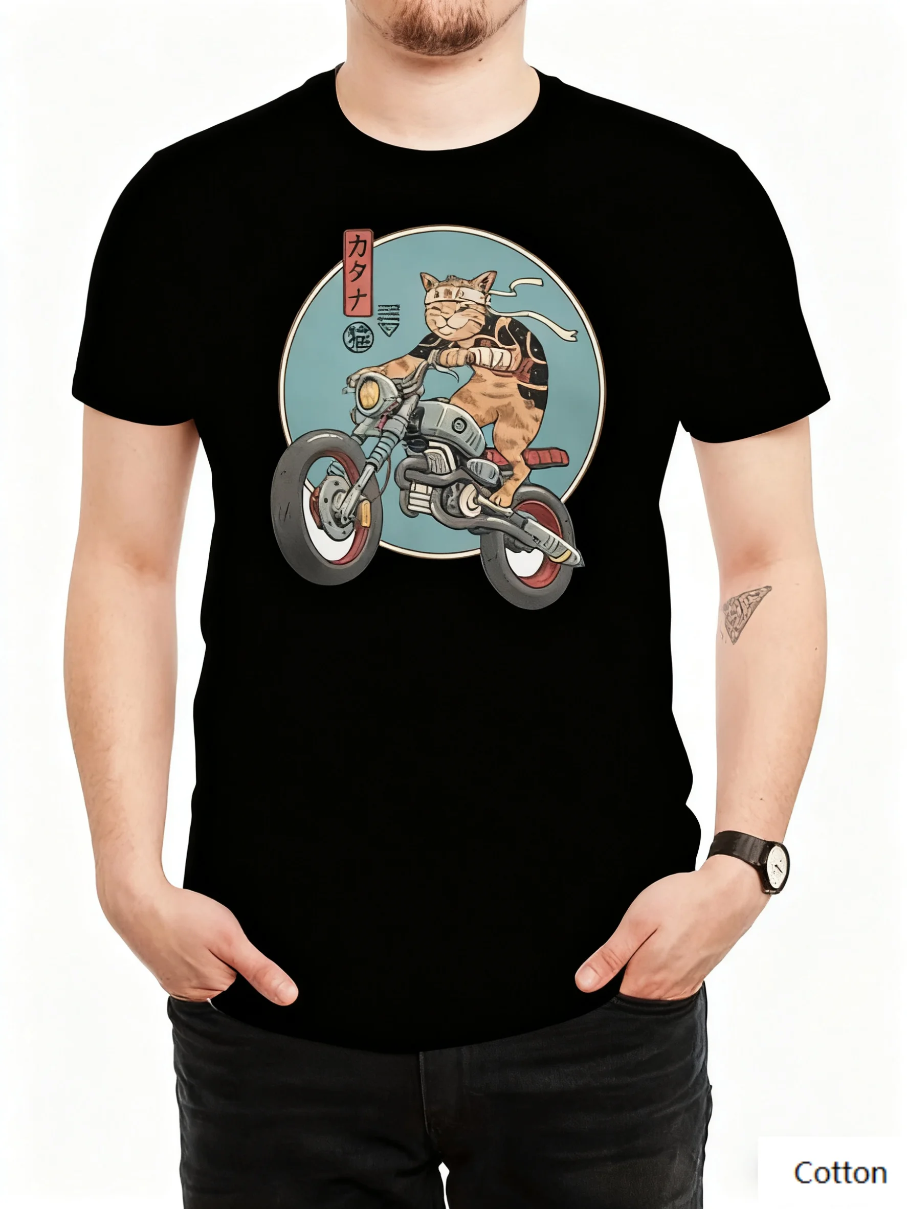 

Quirky Cat Biker Cotton Crew Neck T Shirt with An Intricate Print of A Cat Riding A Motorcycle Surrounded By Japanese - Style