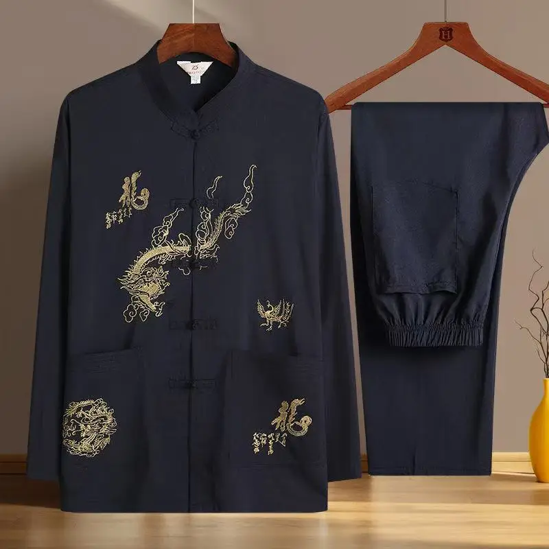 대형 아빠의 태극권 의류 남성 여성 드래곤 자수 쿵후 유니폼 중년 아버지 아침 운동 당나라 정장