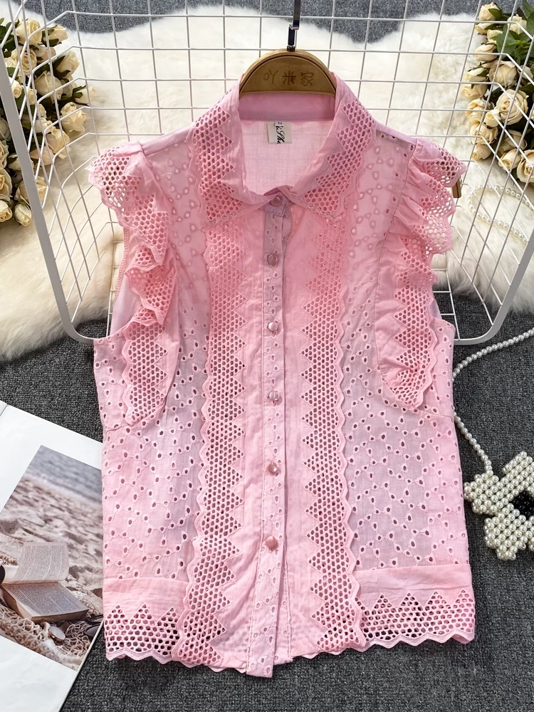 Water Soluble Lace Blusas Femme Patchwork Hollowed-Out Embroidery Sleeveless Shirts Single Breasted Loose Cotton Blouses