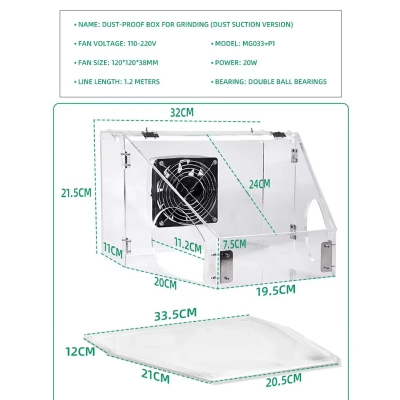 Acrylic Sealed Sanding Dust Box with Vent Fan, Dust Bag, LED Lighting for DIY Polishing