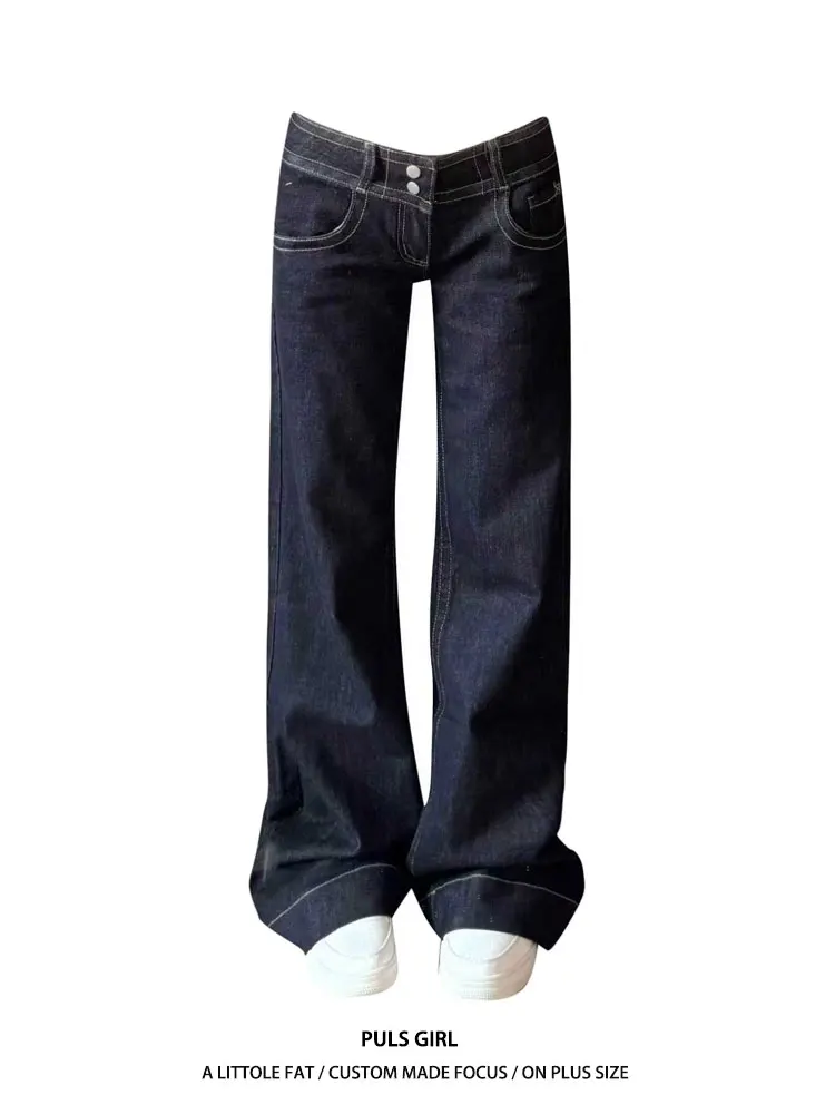 

Женские джинсы с низкой талией, широкими штанинами и прямым кроем, в стиле ретро, с эффектом потертости, с двойной пряжкой, повседневные брюки больших размеров, модные