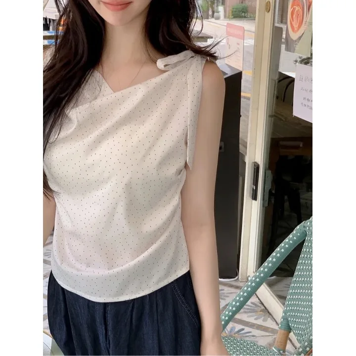 

Новинка: Женский модный асимметричный топ-жилет в корейском стиле с открытыми плечами, в горошек, со сборками, летний