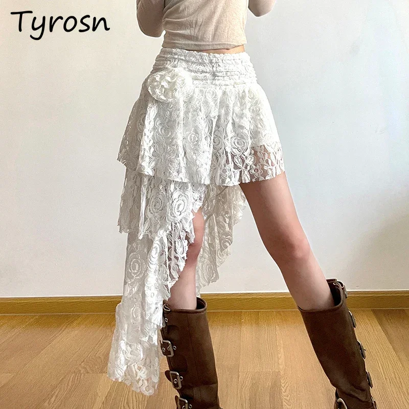 

High Waist Skirts Women Lace Patchwork Asymmetrical Korean Style Office Lady Fashion Sashes Rertro Sexy Unique Ins Streetwear