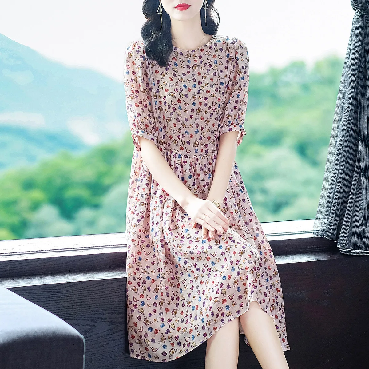 Birdsky, Summer 1pc Women office lady dress O neck high waist A shape zipper back 100% real mulberry silk flower print. WS-05