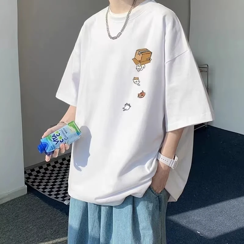 Men Oversized Korean Fashion Loose American Vintage Carton Kitten Print Short Sleeve Versatile Trend Couple Outfit Breathable.