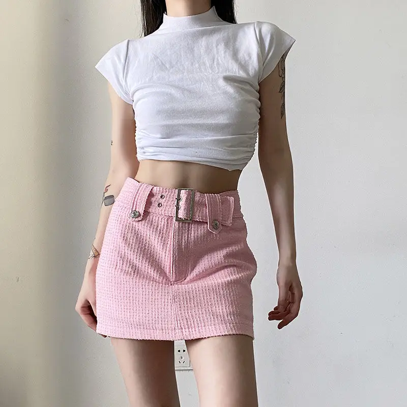 Skirt With Belt Pink High-Waisted Slim-Fitting Hip-Covering Women Waist Slimming Sweet Versatile A-Line Short Skirt For Summer