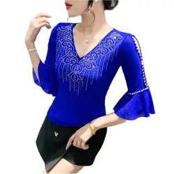 2024 Summer Dress Heavy Industry Hot Drilling T-shirt Women's Short Sleeve V-neck Shirt Joker Horn Sleeve Mesh Fashion T-shirt
