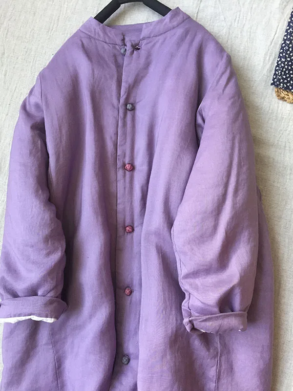 

Retro Light Purple Chinese Sle Stand Collar Buttoned Cotton Jaet Women's Winter Thiened Medium Length Loose Cotton Coat