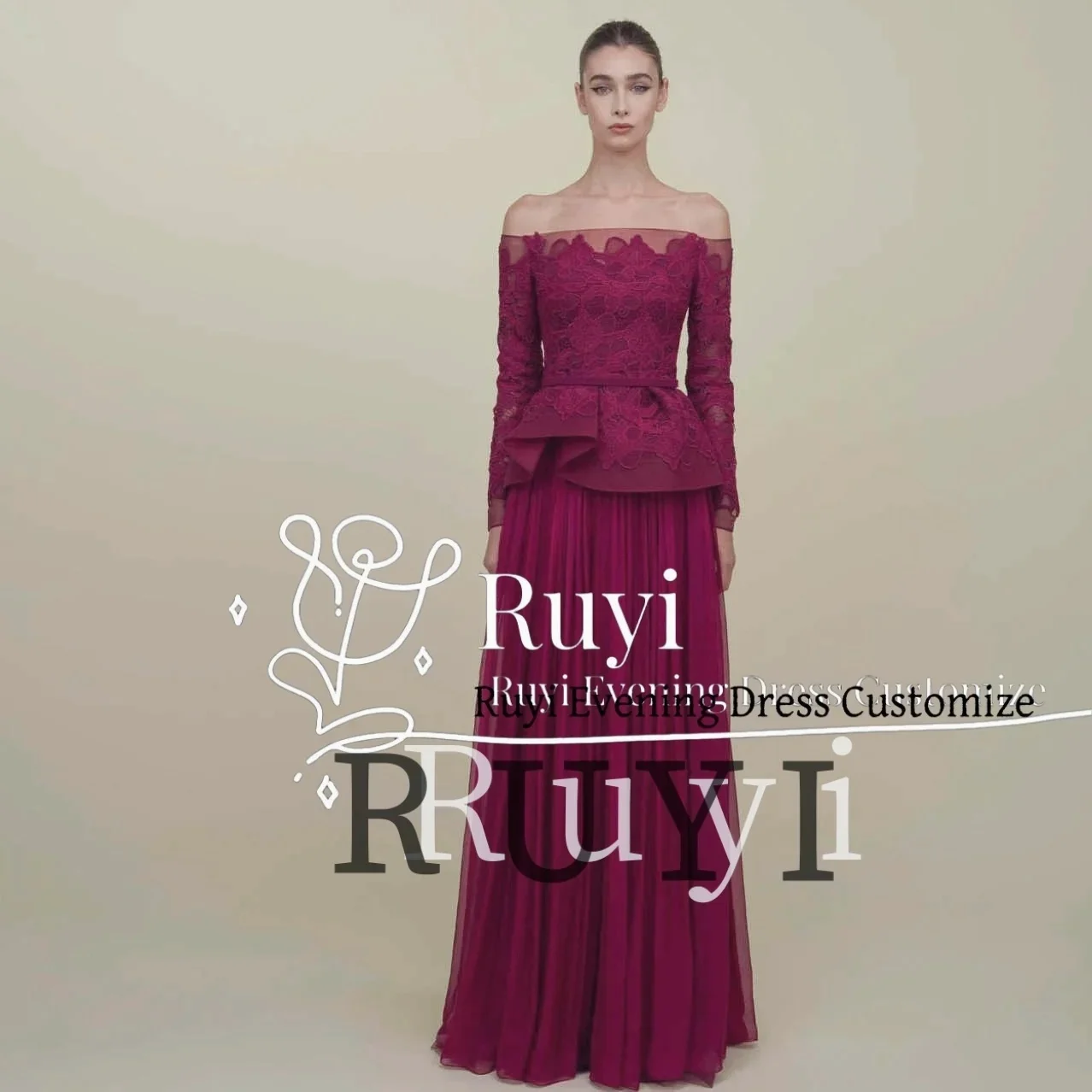 

Индивидуальные кружевные шифоновые вечерние платья с открытыми плечами и длинными рукавами, роскошное элегантное вечернее платье с драпировкой 2025, свадебное платье для выпускного вечера