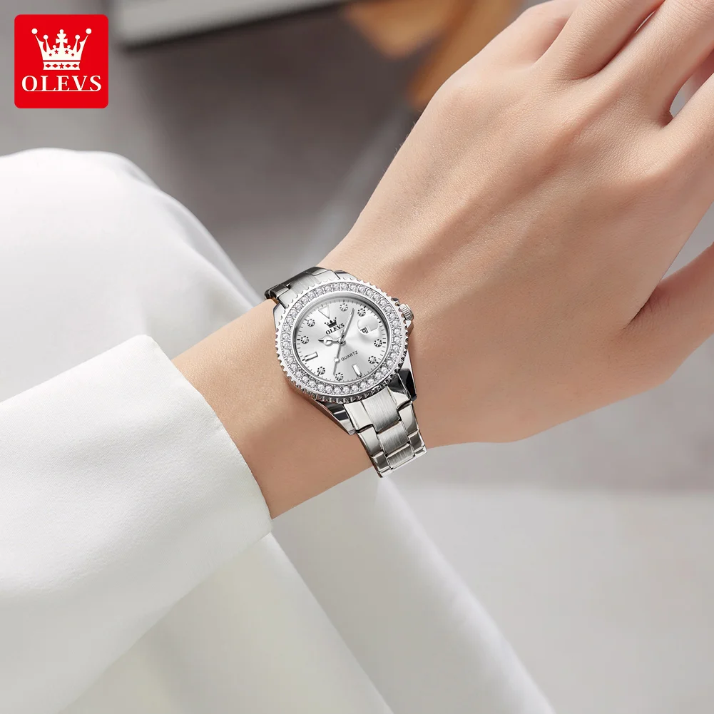 OLEVS 9945 Women Quartz Watch Brand Luxury Diamond Circle Automatic Calendar Watch Stainless Steel Waterproof Elegant Girl Watch