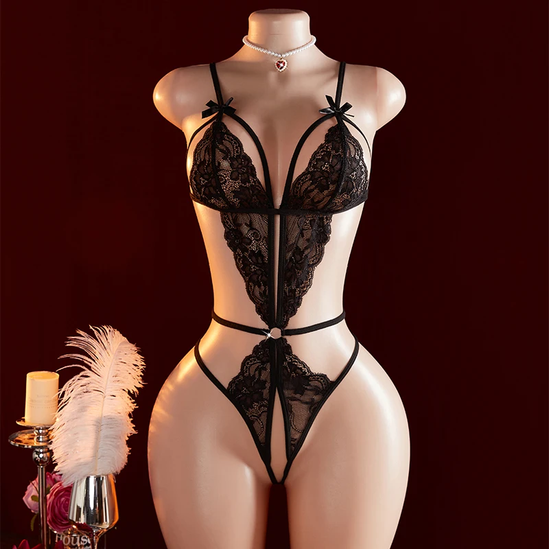Прозрачное сексуальное цельное полое черное кружевное белье, соблазните экзотическую куклу Тедди, комбинезон, эротическая секс-одежда с вырезами, боди
