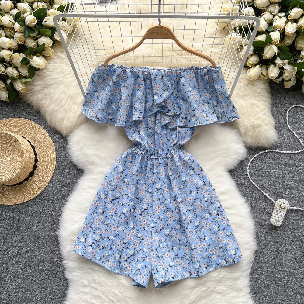 Elegant Floral Short Jumpsuit Woman 2022 Summer One-Piece Outfits Fashion Ruffled One-Shoulder Playsuit