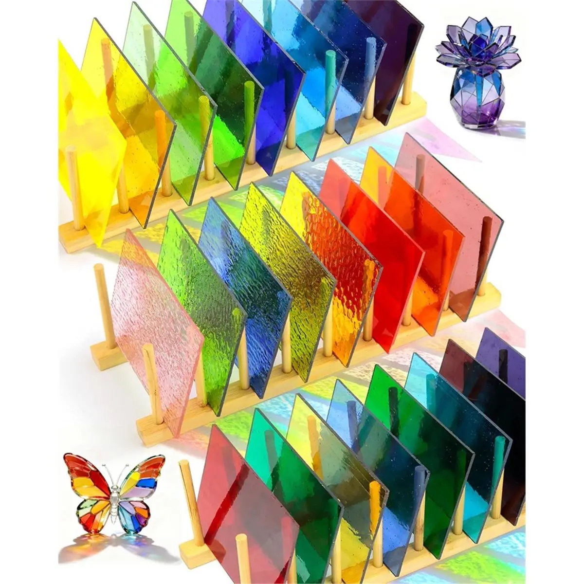 A20I 24 Sheets Rainbow Transparent Stained Glass Sheets 4x6 Inch - Mixed Color Stained Glass Supplies for Mosaic Glass Crafts