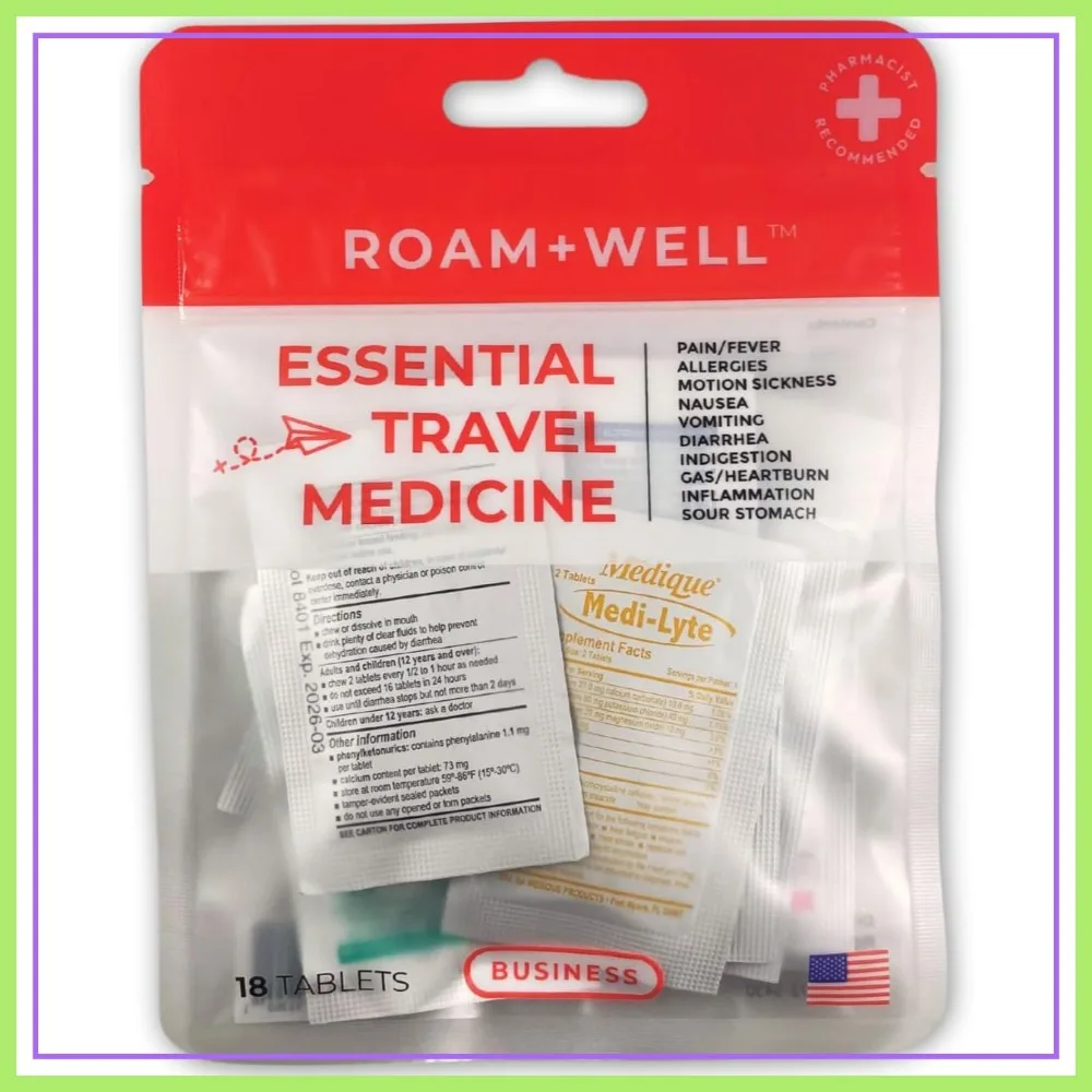 

Essential Travel Medicine Kit, OTC Medications, TSA Approved 18 Tablets for Business Travel