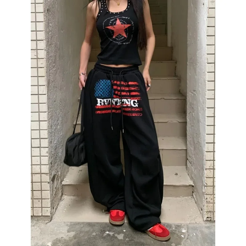 Versatile Sports Skateboarding and Basketball Pants Street Letter Printed Elastic Waist Casual Wide Leg Pants for Men and Women
