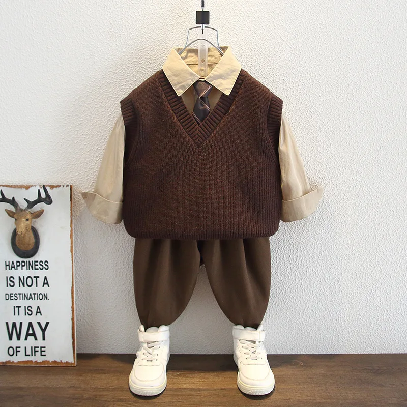 

Spring Autumn Casual Boy korean outfit for kids boys clothes Suit fashion Children Knitted Vest+Shirt+Pants 3pcs Set 2-10Years