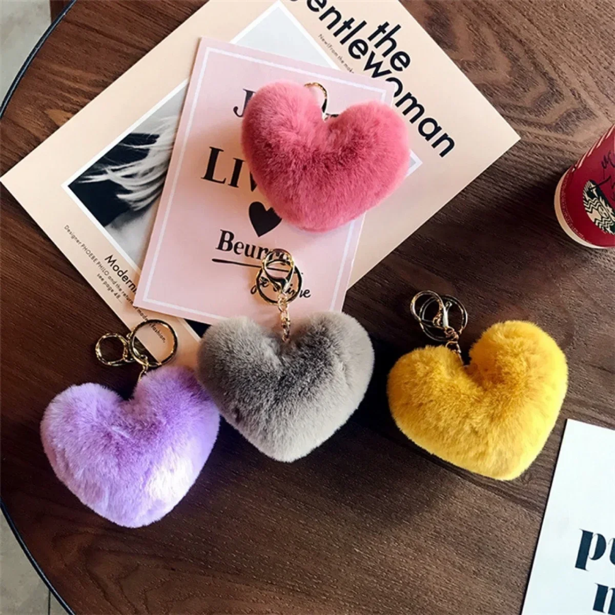 Leopard Print Heart Plush Pompom Keychain Set High-Quality Fluffy Faux Fur Hair Ball for Car Keys And Bags Gifts