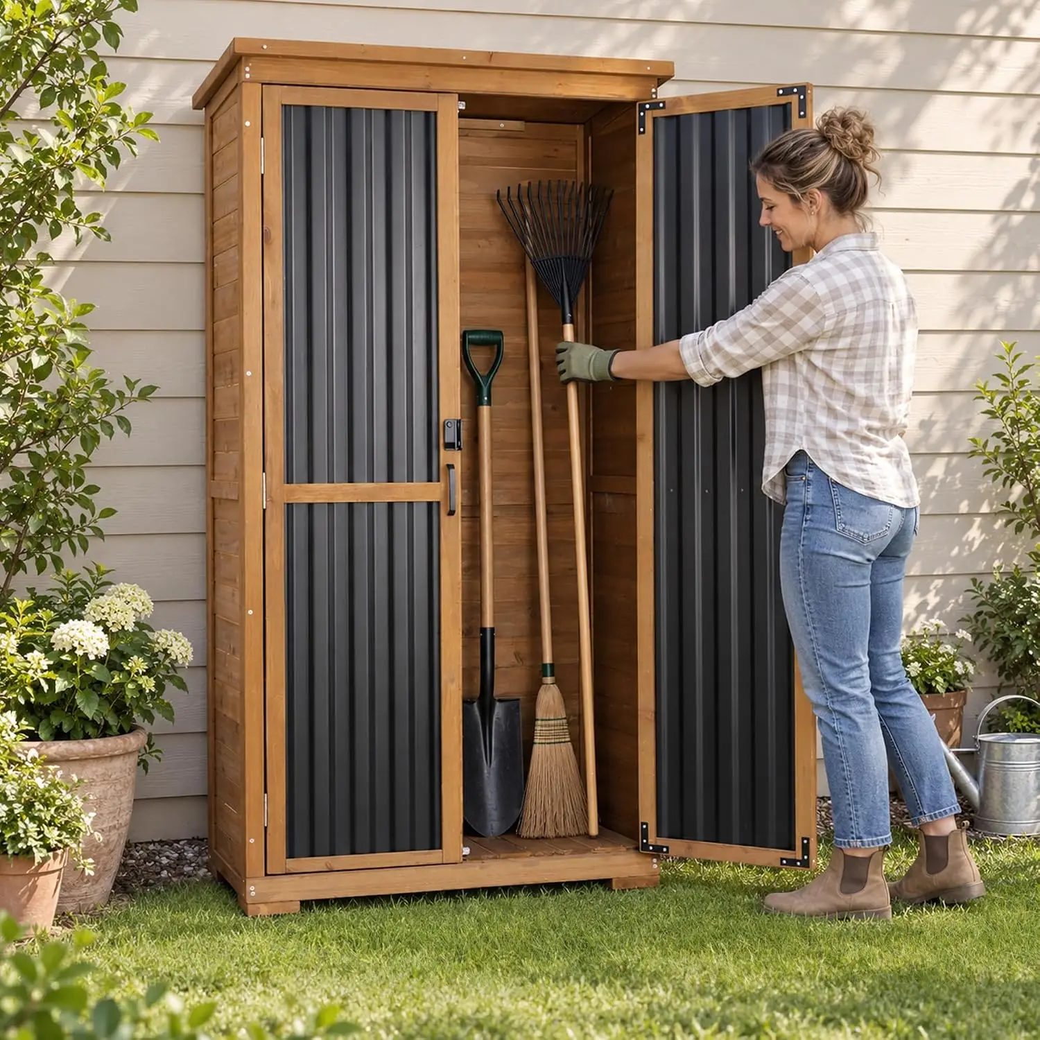 Tall Outdoor Storage Cabinet & Shed, Wood Resin Waterproof Garden Tool Organizer, Brown, Customized