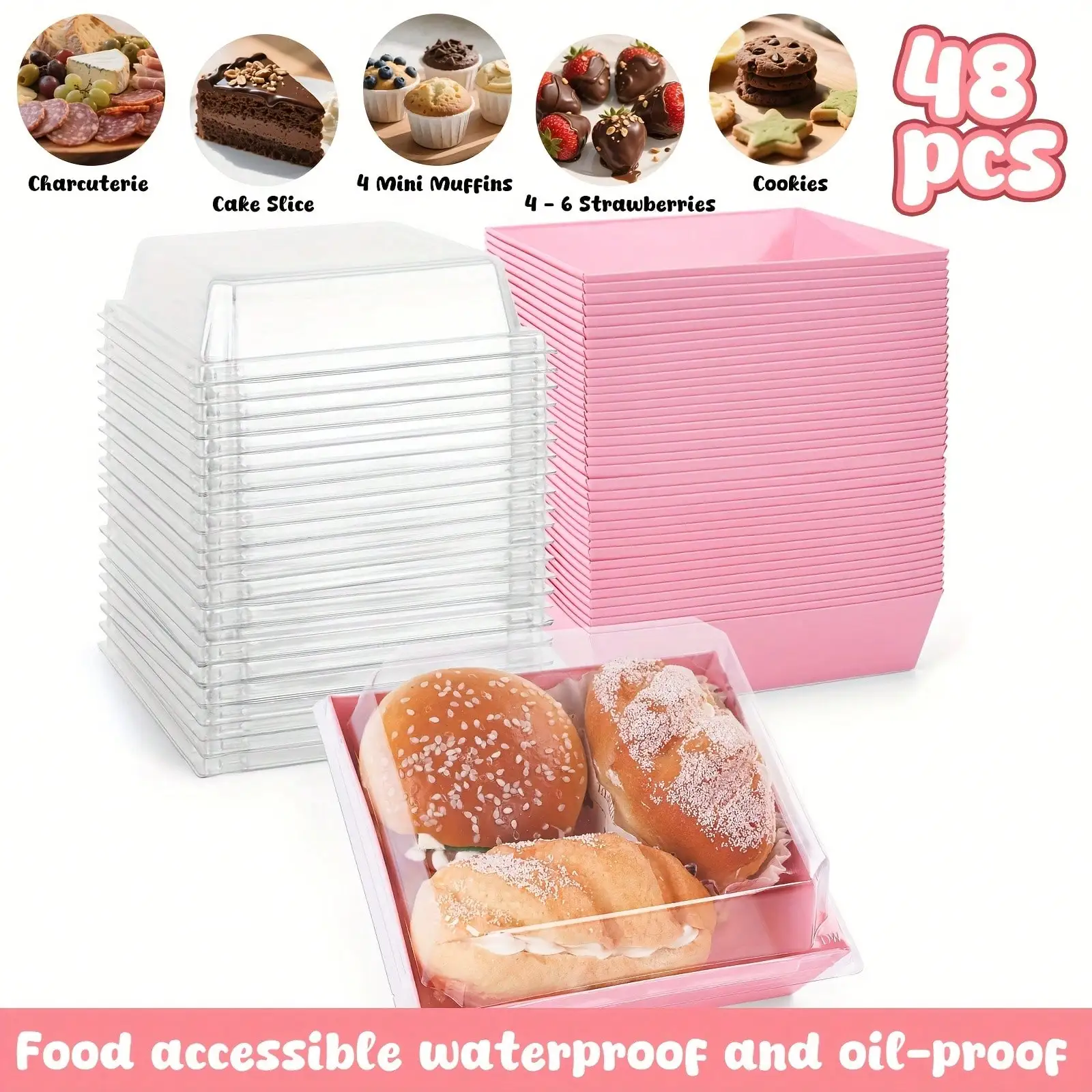 

SHINDEL 48 шт. розовые маслостойкие коробки для десертов с прозрачными крышками для пекарни