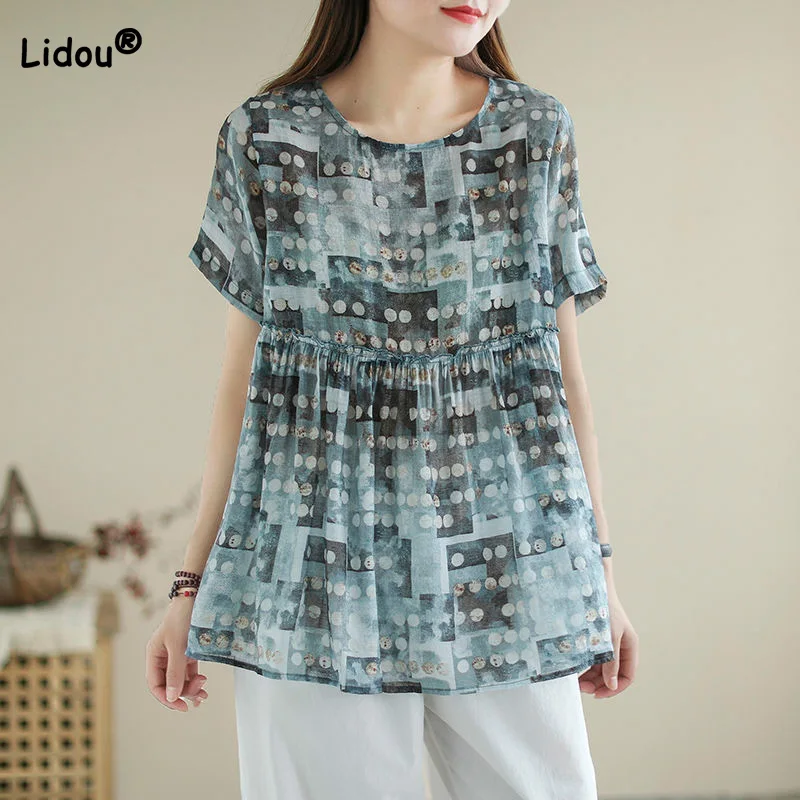 

Summer Clothes for Women Thin Vintage Printing Short Sleeve T-Shirt Fashion Tencel Round Neck Loose Pullover Oversized Tops 4XL