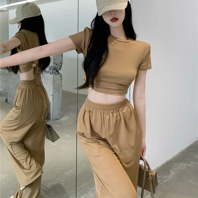 

Sexy Backless Crop Top Women Flared Pants Two Piece Set 2024 Summer Casual Outfit Long Palazzo Trouser Sleeveless Streetwear