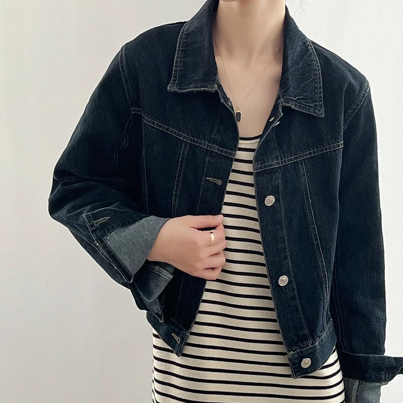 

2023 Spring Summer New Women's Vintage Denim Jacket Korean Lapel Single Breasted Short H9902