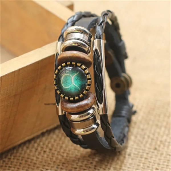 Fashion Punk Men Jewelry 12 Horoscope Leather Bracelet Retro Wooden Bead Charm Bracelet Female Male Jewelry Gifts Wholesale image 4