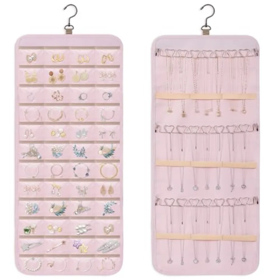

Double-Sided Hanging Jewelry Organizer, Large Storage Roll for Earrings, Necklaces, Rings, 48 Pockets 21 Hooks, Durable Oxford