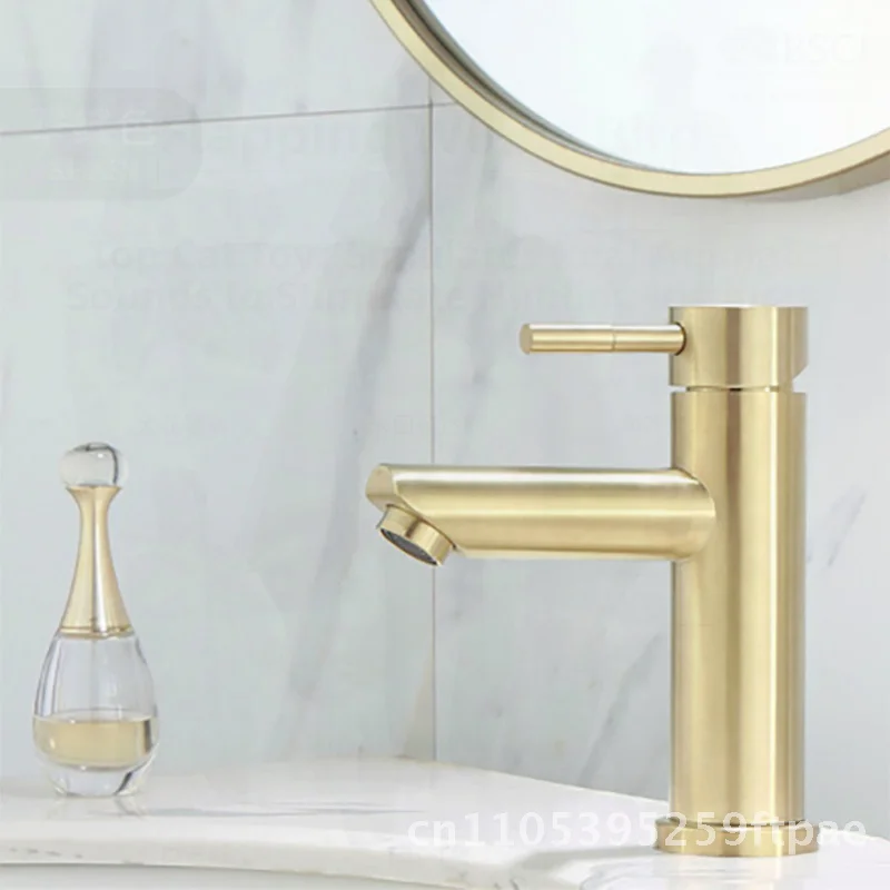 Brushed Gold Stainless Steel Basin Faucet Luxury Hot Cold Bathroom Washbasin Simple Light Design Single-piece Style Mixed Tap