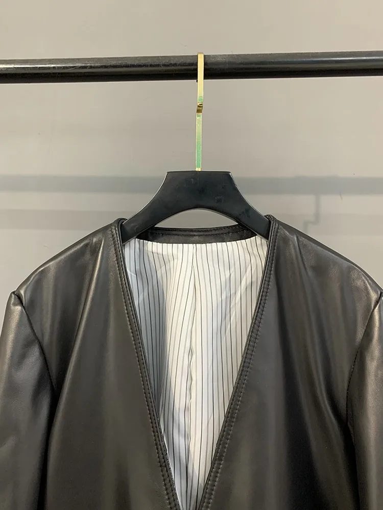 مصمم أزياء المرأة الجديدة زر واحد الخامس الرقبة متوسطة طويلة جلد طبيعي كم طويل فضفاض عارضة ملابس خارجية من جلد الغنم سترة